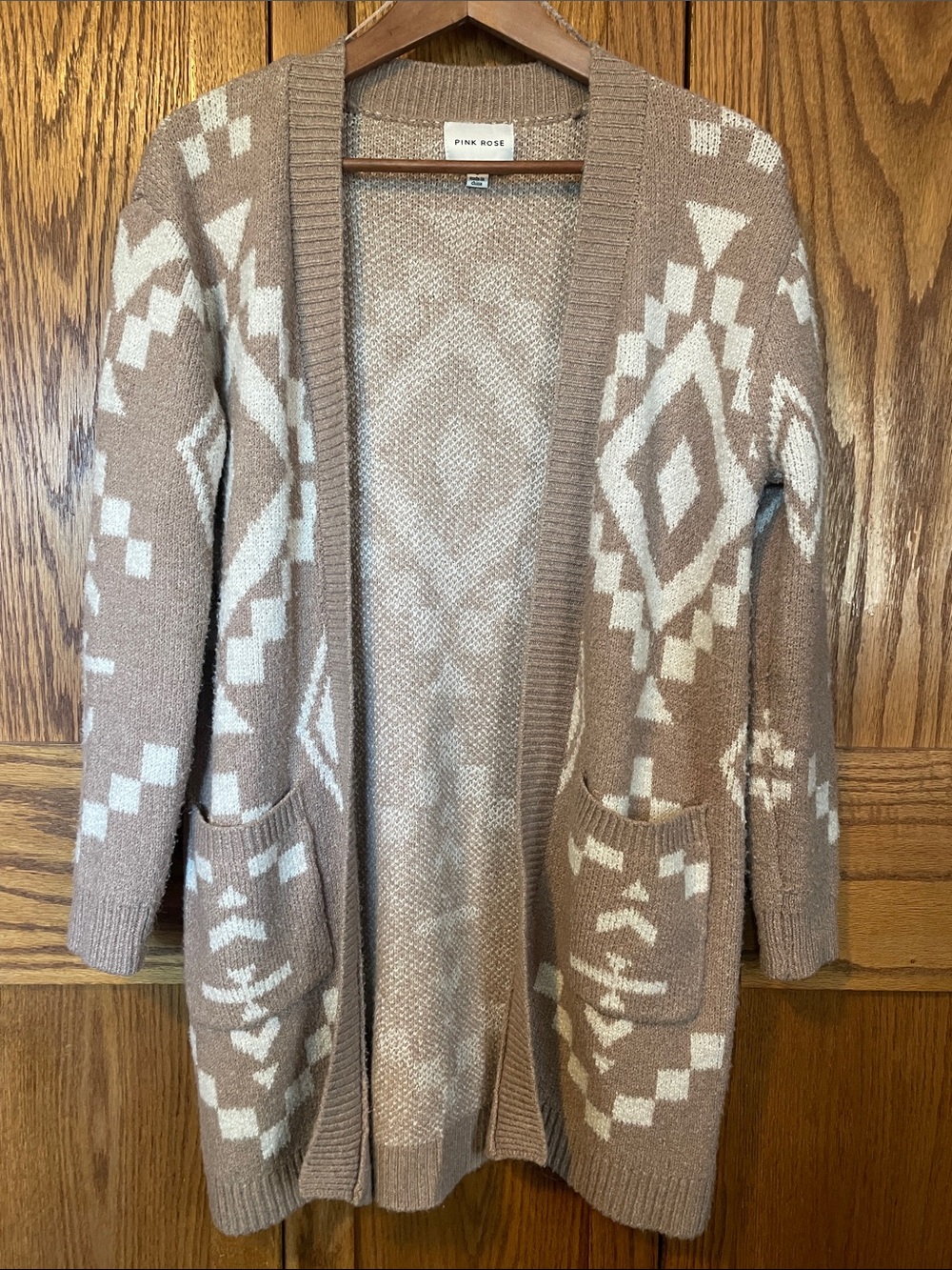 Pink Rose Tan & Cream Aztec Open-Front Cardigan